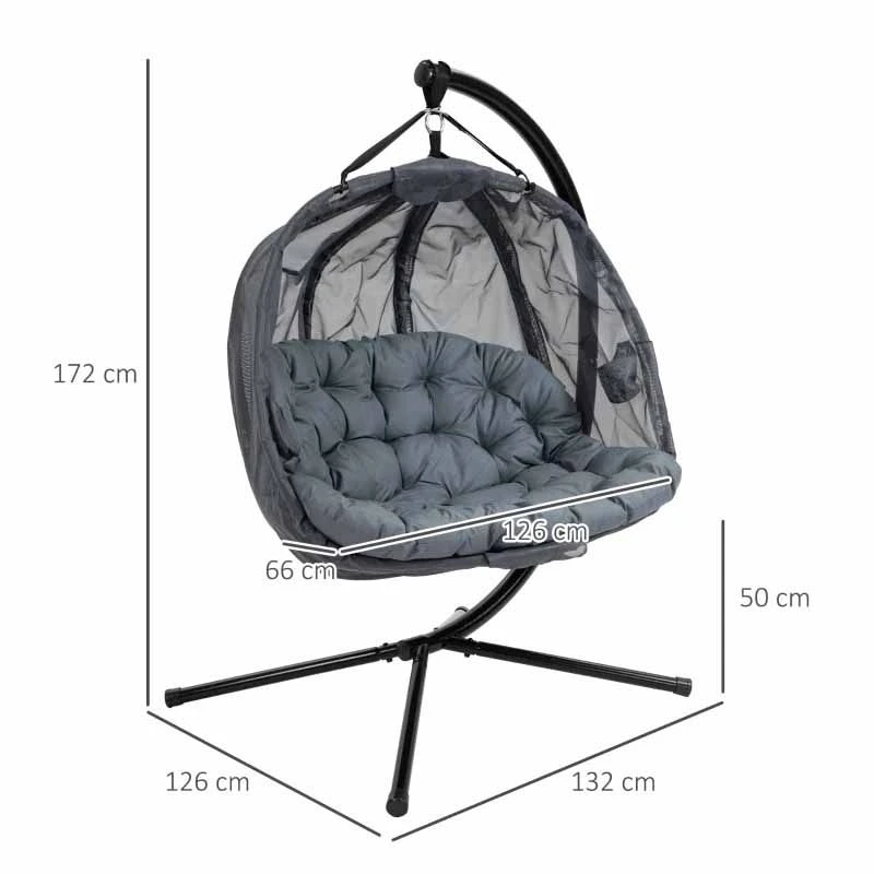 Outsunny Double Hanging 2 Seater Egg Chair With Cushion - Grey - 84A-208V70GY - Image 2