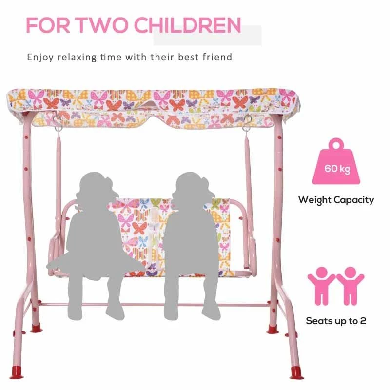 Outsunny 2-Seater Kids Canopy Garden Swing Chair - Pink - 312-026PK