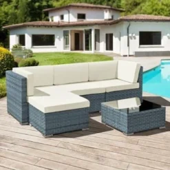 OseasonsĀ® Trinidad Rattan 4 Seater Modular Chaise Lounge Set - Ocean Grey - 106281