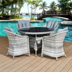 OseasonsĀ® Sicilia Rattan 4 Seater Dining Set - Dove Grey With Black Glass - 106373