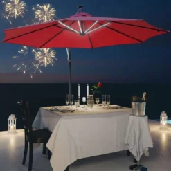 Outsunny 2.95x2.45Hm Umbrella Parasol With Solar Powered LED Strips - Wine Red - 84D-066WR