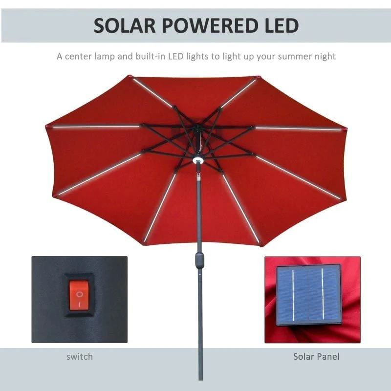 Outsunny 2.7m Parasol With LED Solar Light - Red - 84D-105WR - Image 9