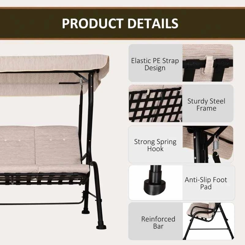 Outsunny 3-Seater Garden Swing Chair With Cushions - Beige - 84A-140V70BG - Image 3