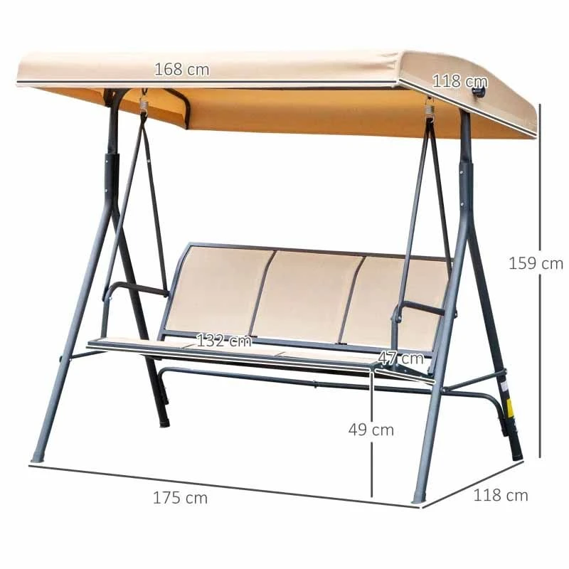 Outsunny 3 Seater Garden Swing Chair With Canopy - Beige - 84A-234BG - Image 3