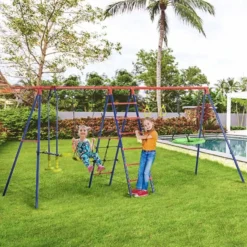 Outsunny 6 In 1 Metal Garden Swing Set For Kids - Red / Blue - 344-053V00DB