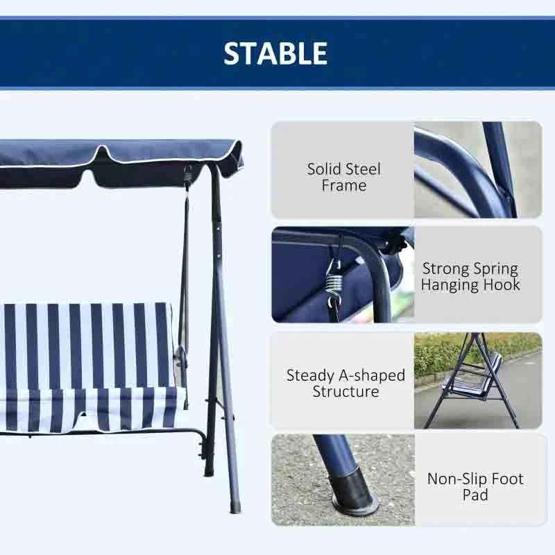 Outsunny 3-Seater Canopy Steel Swing Chair - Blue - 84A-054V01BU - Image 6