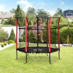 HOMCOM 5.3ft Kids Trampoline With Enclosure Net For 3-10 Years - Red - 342-007V01RD