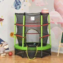 HOMCOM 5.2ft Kids Trampoline With Enclosure Net For 3-6 Years - Green/Black - 342-032GN