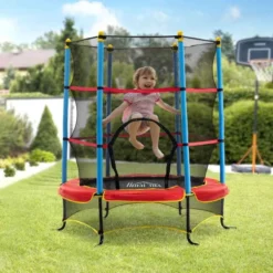 HOMCOM 5.4ft Kids Trampoline With Enclosure Net For 3-6 Years - Black/Red/Blue - 342-039