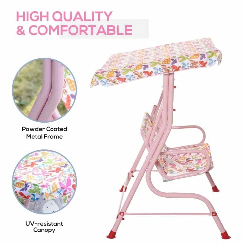 Outsunny 2-Seater Kids Canopy Garden Swing Chair - Pink - 312-026PK - Image 3