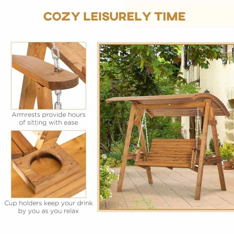 Outsunny 2 Seater Pine Wood Garden Swing Chair - Brown - 84A-218 - Image 8