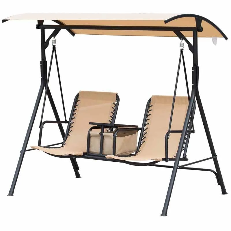 Outsunny 2-Seater Garden Swing Chair With Table - Beige - 84A-141BG - Image 8