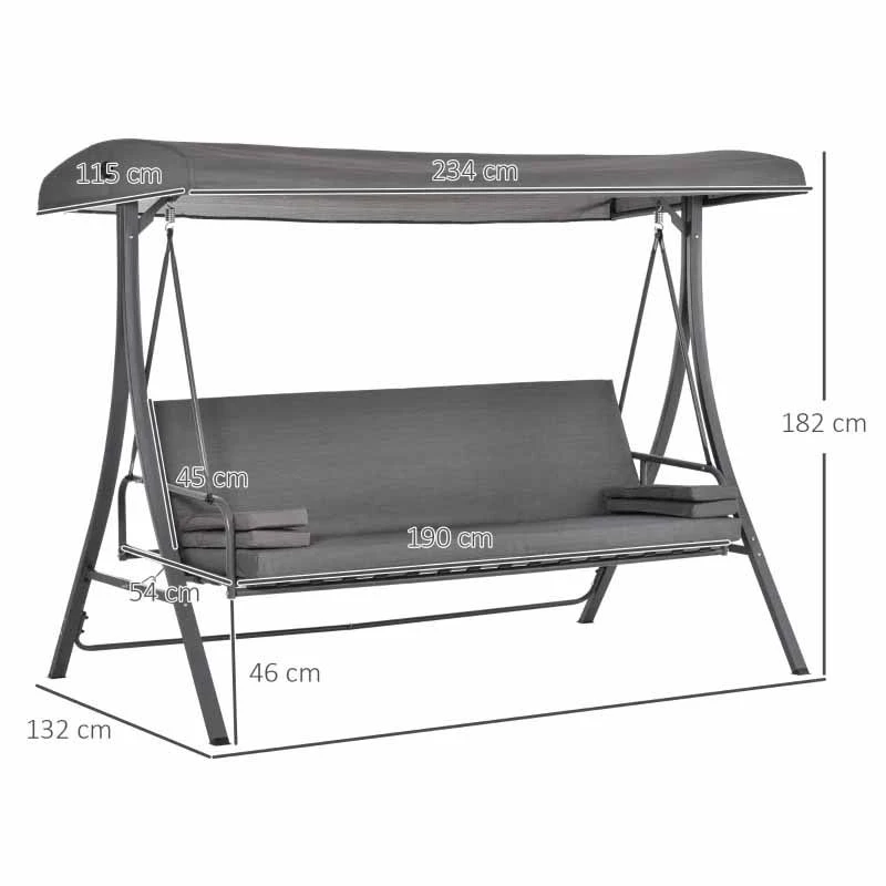 Outsunny 2-in-1 3-Seater Garden Swing Chair - Grey - 84A-180 - Image 2