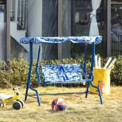 Outsunny 2-Seater Kids Canopy Garden Swing Chair - Blue- 312-026