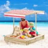 Outsunny Kids Wooden Sandbox With Adjustable Canopy & Seats - Natural - 343-048