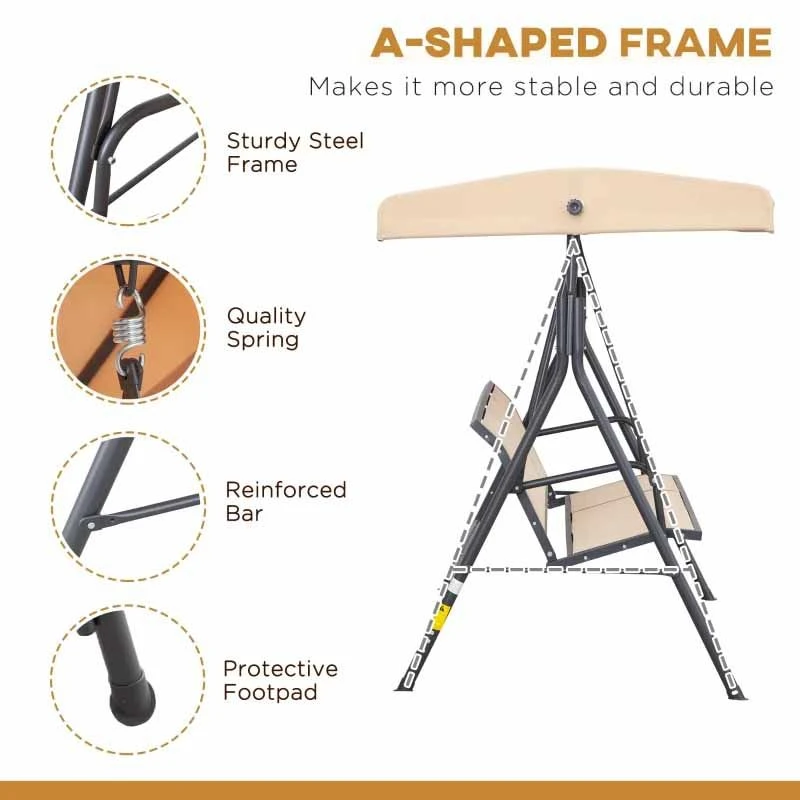 Outsunny 3 Seater Garden Swing Chair With Canopy - Beige - 84A-234BG - Image 6