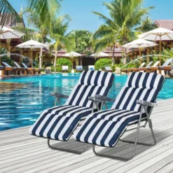 Outsunny 2-Piece Reclining Sun Lounger Set - With Cushions - Blue/White - 01-0712