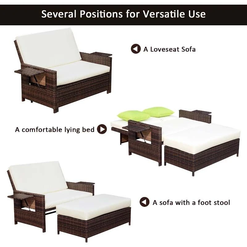 Outsunny 2-Seater Rattan Sofa Set With Foot Stool - Brown/Cream - 01-0777 - Image 5