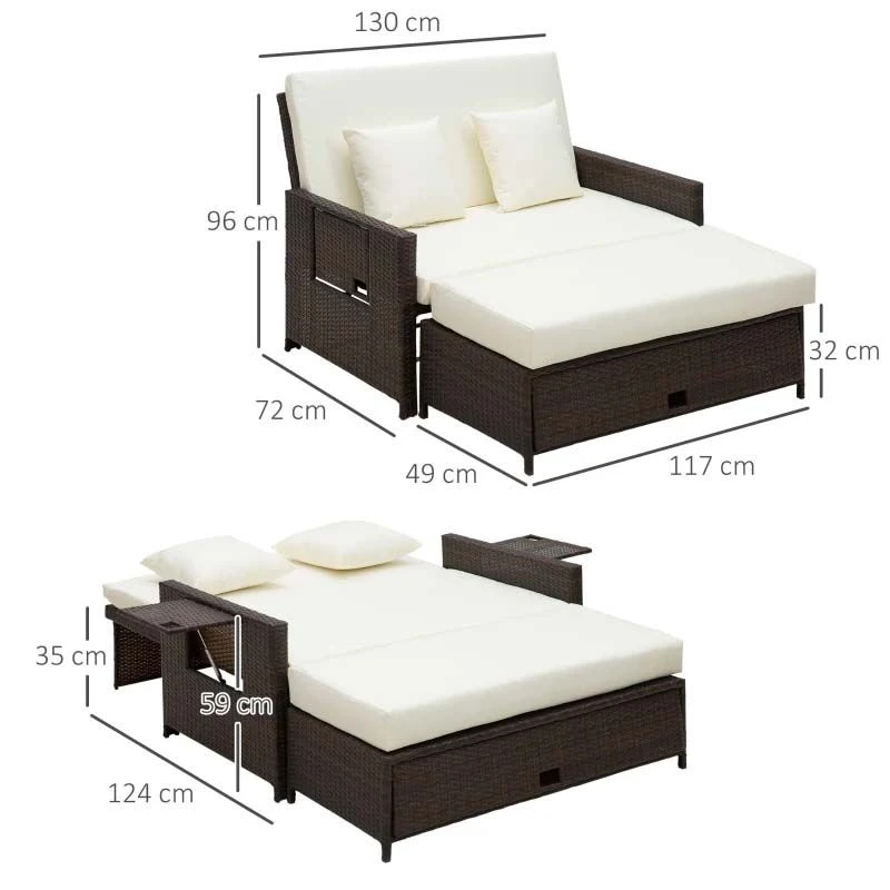 Outsunny 2-Seater Rattan Sofa Set With Foot Stool - Brown/Cream - 01-0777 - Image 3