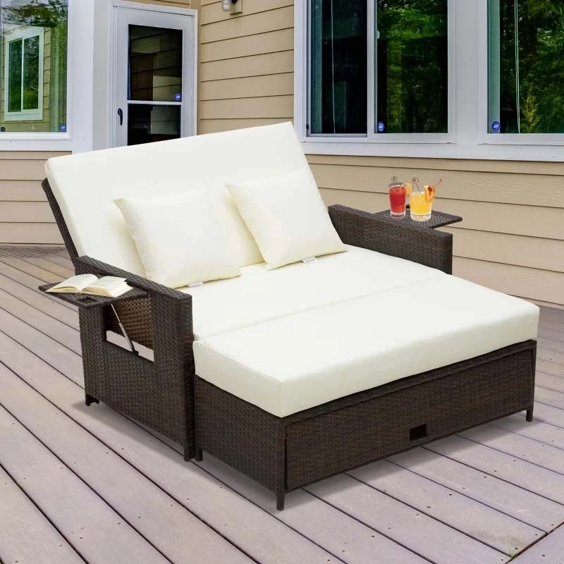 Outsunny 2-Seater Rattan Sofa Set With Foot Stool - Brown/Cream - 01-0777