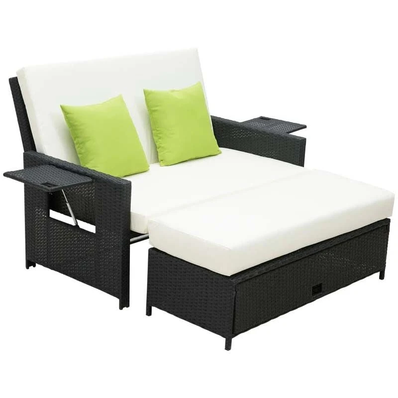 Outsunny 2-Seater Rattan Sofa Set With Foot Stool - Black/Cream - 01-0784 - Image 2