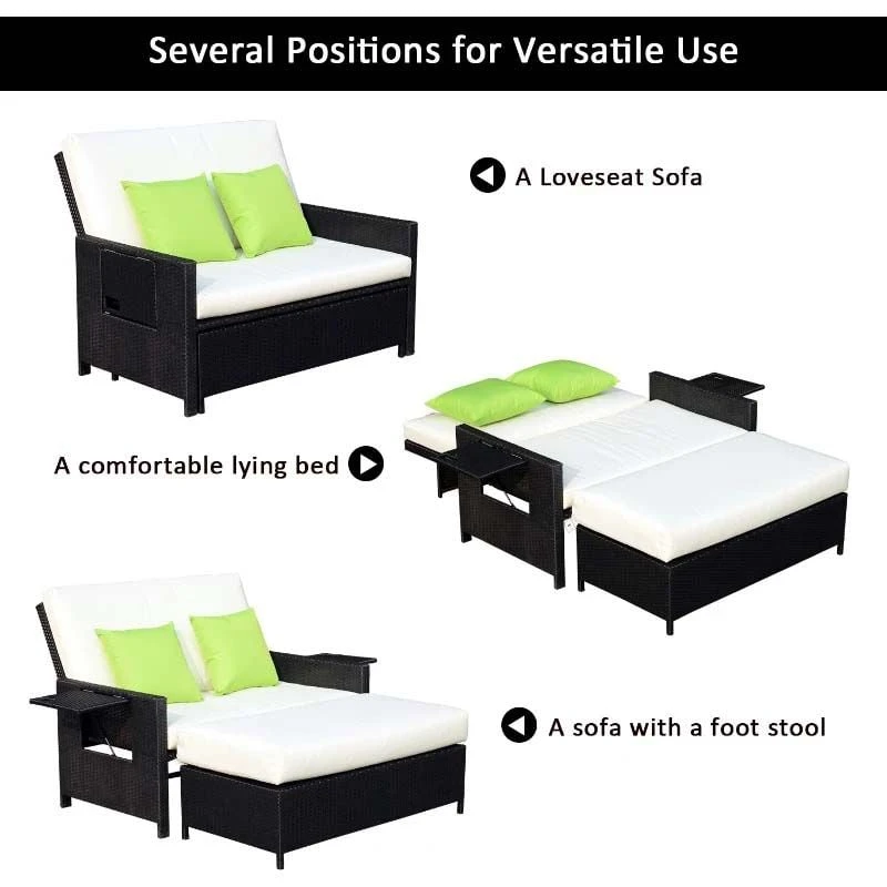 Outsunny 2-Seater Rattan Sofa Set With Foot Stool - Black/Cream - 01-0784 - Image 5