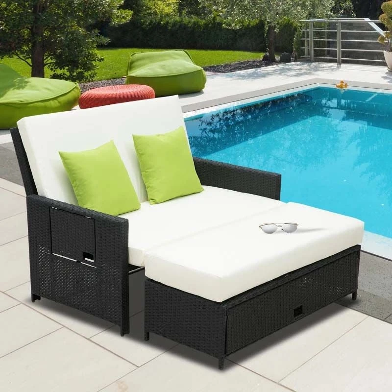 Outsunny 2-Seater Rattan Sofa Set With Foot Stool - Black/Cream - 01-0784 - Image 9