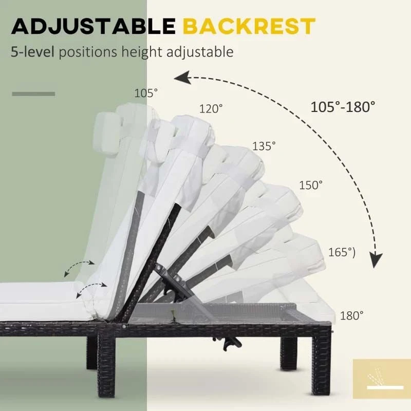 Outsunny Reclining Rattan Sun Lounger With Pillow - Cream - 01-0785 - Image 4