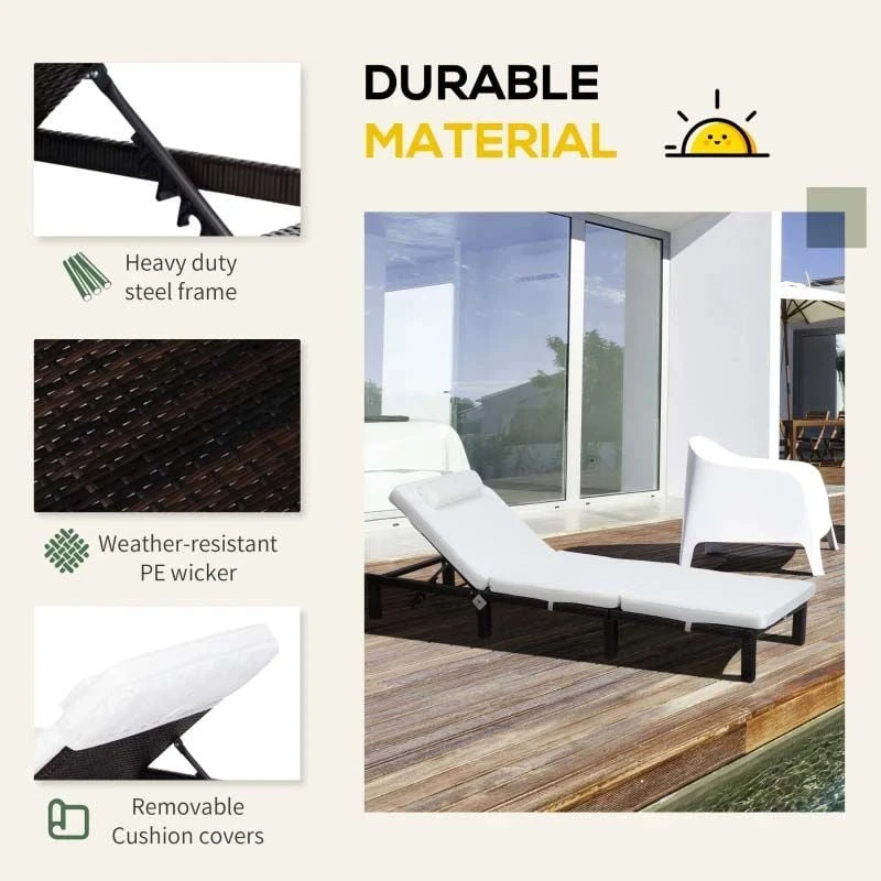 Outsunny Reclining Rattan Sun Lounger With Pillow - Cream - 01-0785 - Image 5