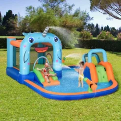 Outsunny Narwhals 5-in-1 Bouncy Castle With Slide & Pool - 4.2 X 3.7 X 2.3m - 342-052V70