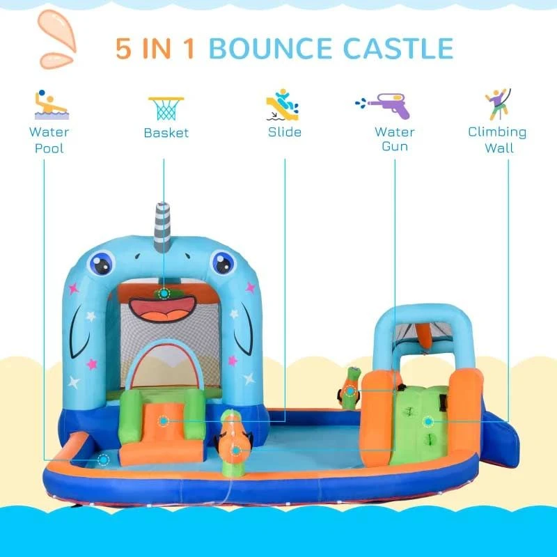 Outsunny Narwhals 5-in-1 Bouncy Castle With Slide & Pool - 4.2 X 3.7 X 2.3m - 342-052V70 - Image 4