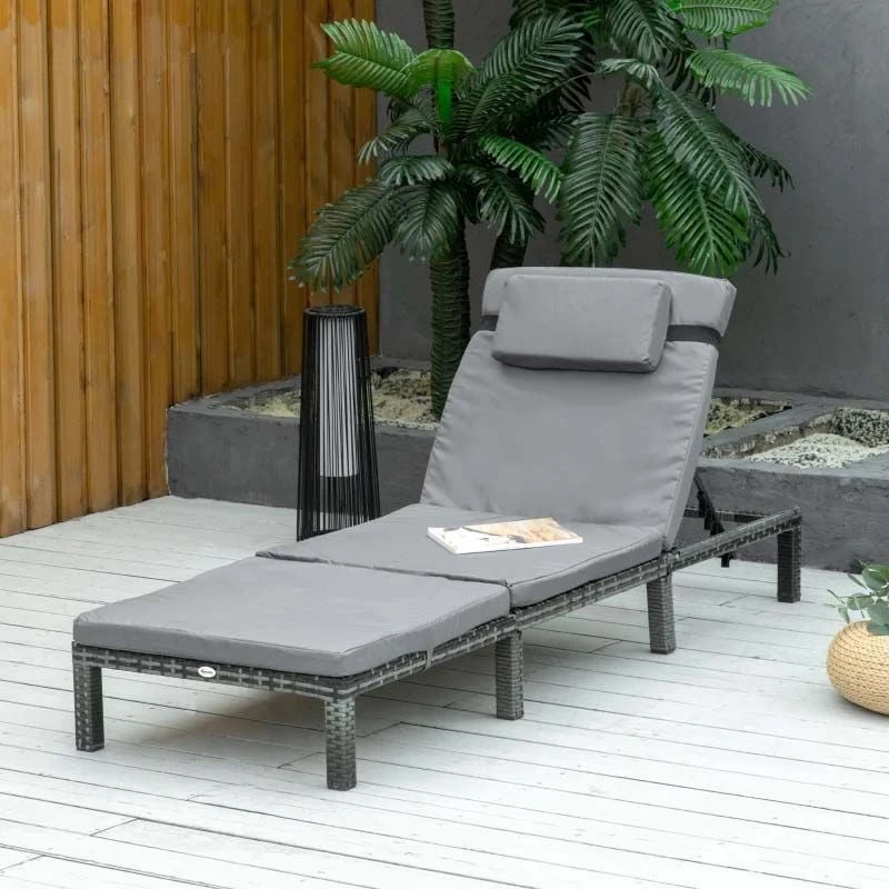 Outsunny Reclining Rattan Sun Lounger With Pillow - Grey - 841-004V70GY - Image 8