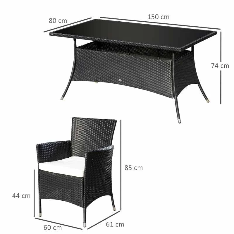 Outsunny 6-Seater Rattan Dining Patio Table And Chairs Set With Cushion - Black & Cream - 841-071 - Image 2