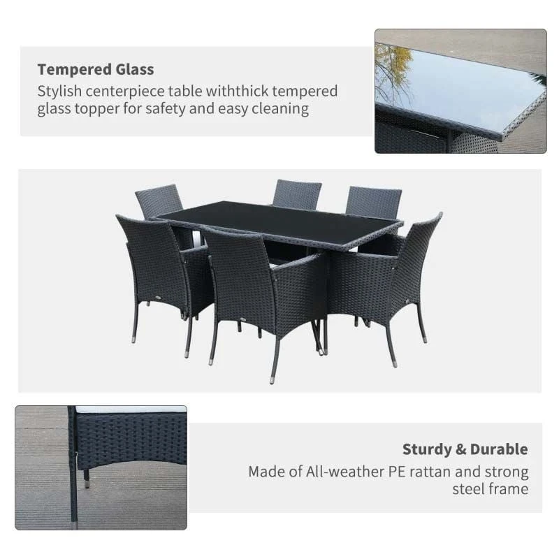 Outsunny 6-Seater Rattan Dining Patio Table And Chairs Set With Cushion - Black & Cream - 841-071 - Image 5