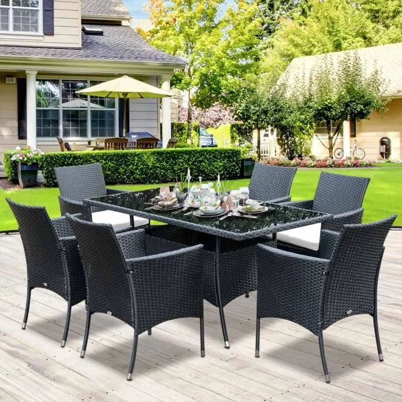 Outsunny 6-Seater Rattan Dining Patio Table And Chairs Set With Cushion - Black & Cream - 841-071