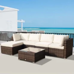 Outsunny 6 Piece Rattan Garden Furniture Set - Brown / Milk White - 841-096