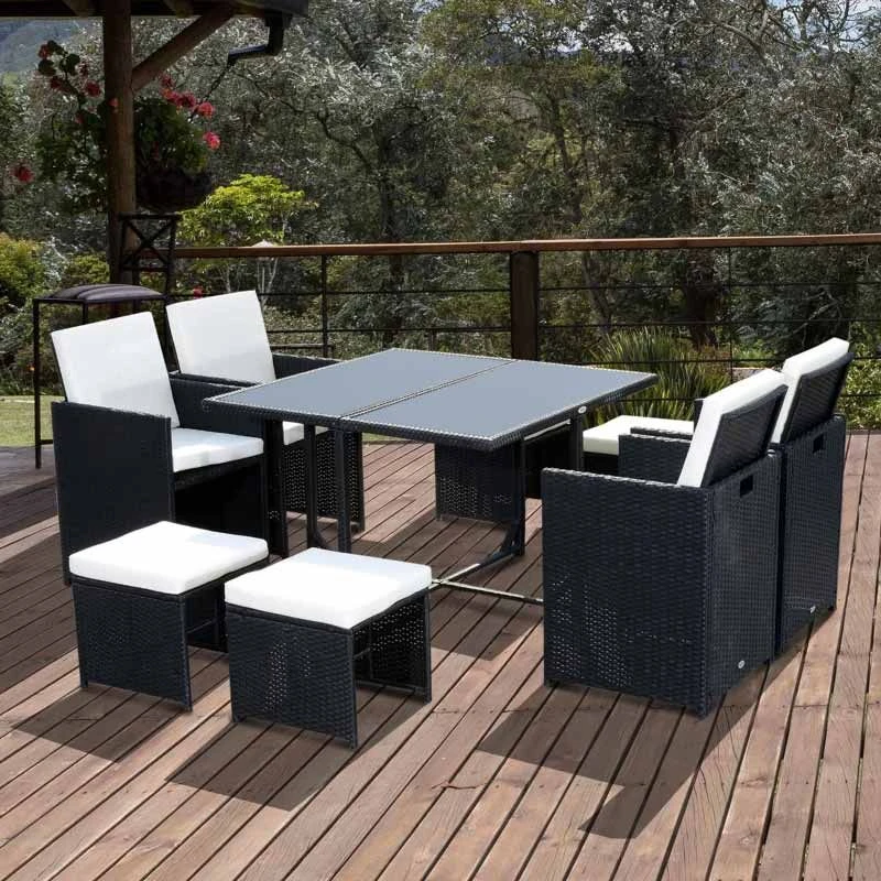 Outsunny 8-Seater Rattan Dining Table And Chair Set - Black & Milk White - 841-108