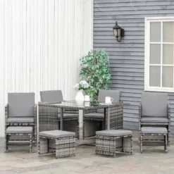 Outsunny 8-Seater Patio Rattan Wicker Dining Table & Chair Set With Footstools - Mixed Grey - 841-108GY