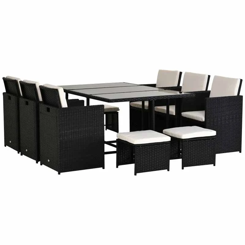Outsunny 11 Piece Rattan Dining Patio Set With Cushion - Black & Milk White - 841-163 - Image 3