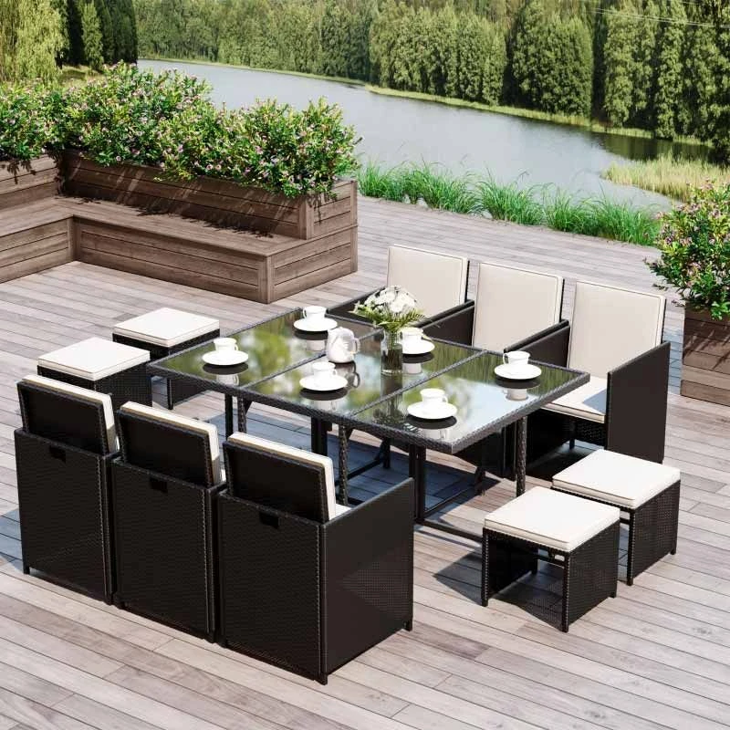 Outsunny 11 Piece Rattan Dining Patio Set With Cushion - Black & Milk White - 841-163