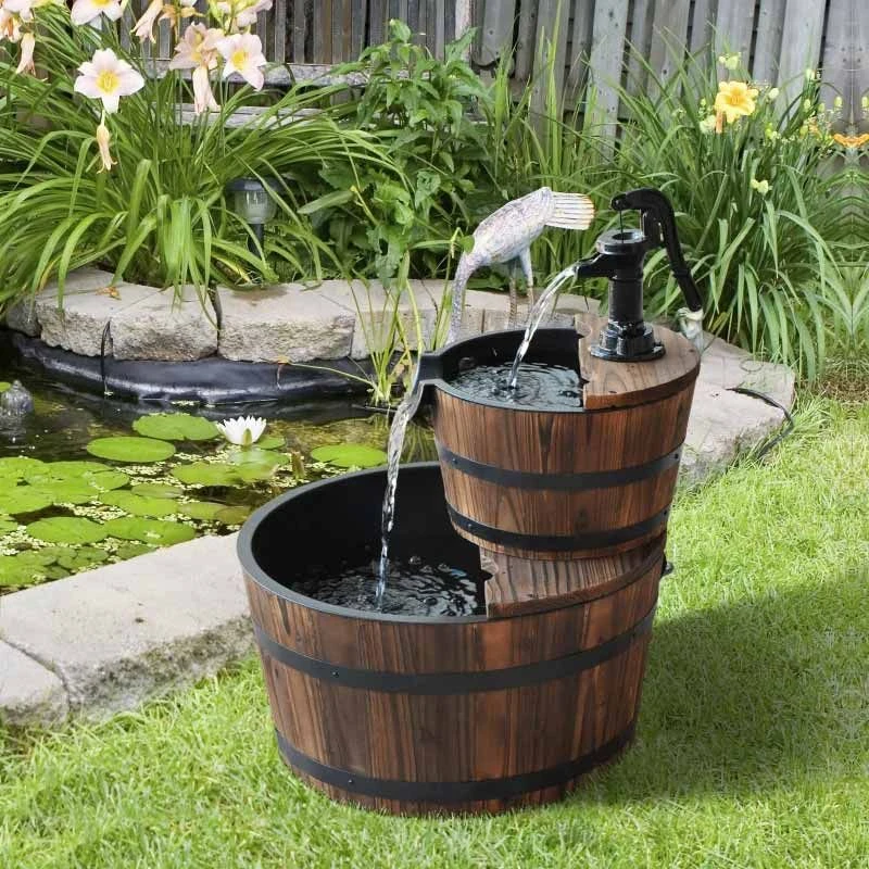 Outsunny 2 Tier Wooden Garden Water Feature - Brown - 844-097 - Image 10