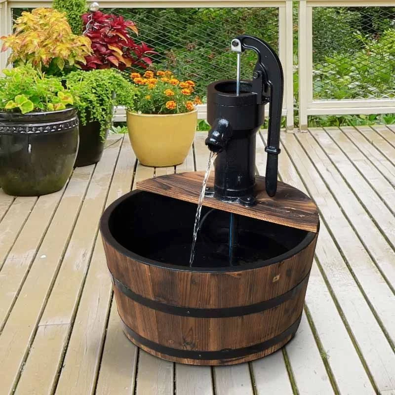 Outsunny Outdoor Wooden Barrel Electric Garden Water Feature 44 X 59Hcm - Brown - 844-129 - Image 9