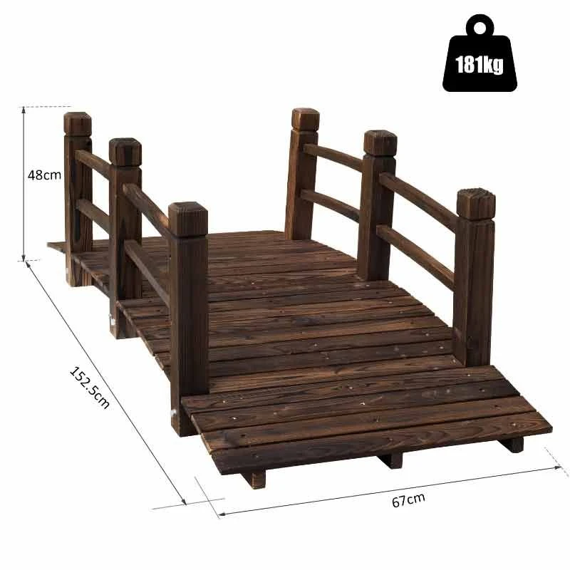 Outsunny Décor Wooden Garden Bridge With Railings 152.5L X 67W X 48Hcm - Brown - 844-132 - Image 2