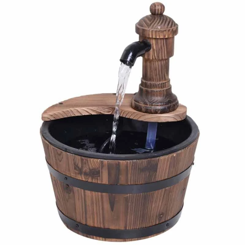 Outsunny Fir Wood Barrel Pump Water Feature With Flower Planter 27x37Hcm - Brown - 844-217V01 - Image 3