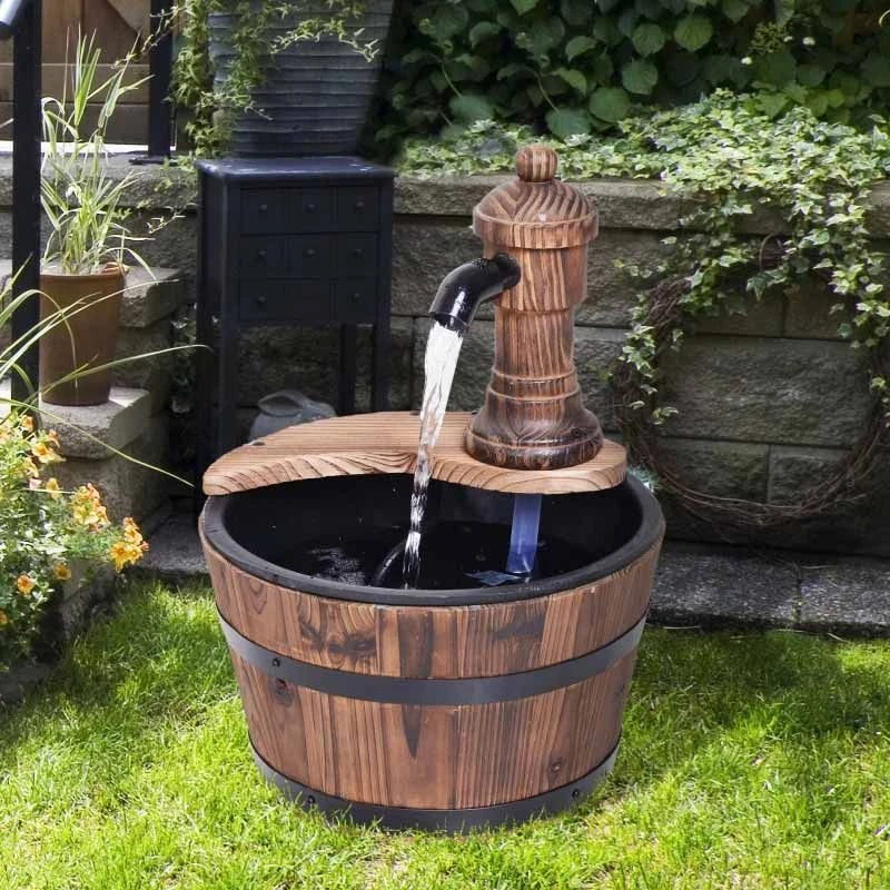 Outsunny Fir Wood Barrel Pump Water Feature With Flower Planter 27x37Hcm - Brown - 844-217V01 - Image 10