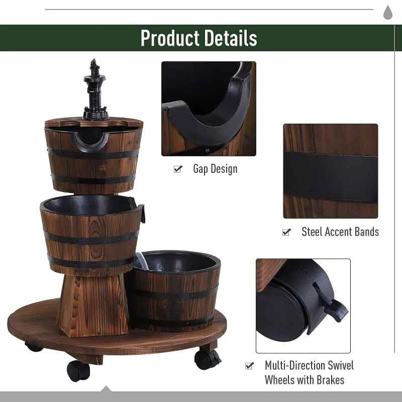 Outsunny Fir Wood 3 Barrel Water Feature With Electric Pump - Brown - 844-271V70 - Image 6