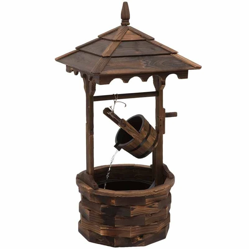 Outsunny Fir Wood Garden Décor Wishing Well Barrel Water Feature - Brown - 844-273V70 - Image 3