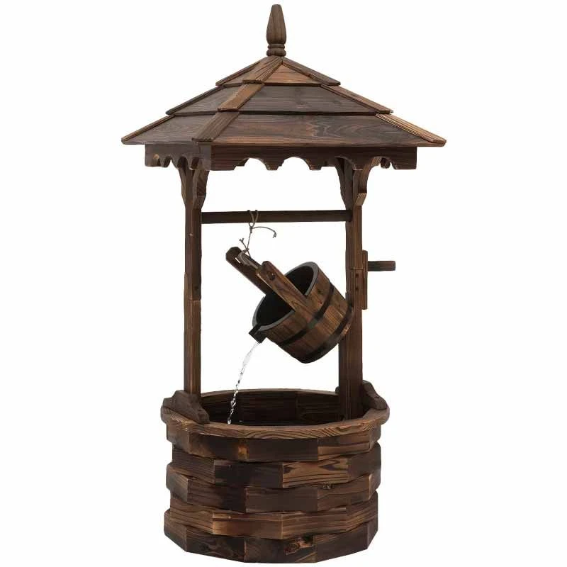 Outsunny Fir Wood Garden Décor Wishing Well Barrel Water Feature - Brown - 844-273V70 - Image 10