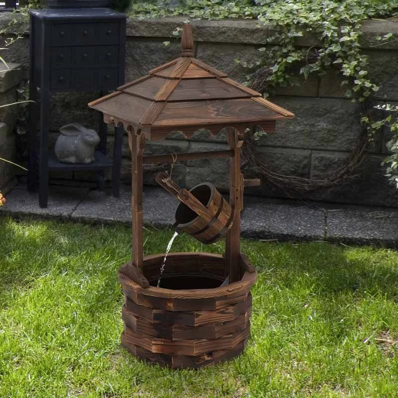 Outsunny Fir Wood Garden Décor Wishing Well Barrel Water Feature - Brown - 844-273V70 - Image 9