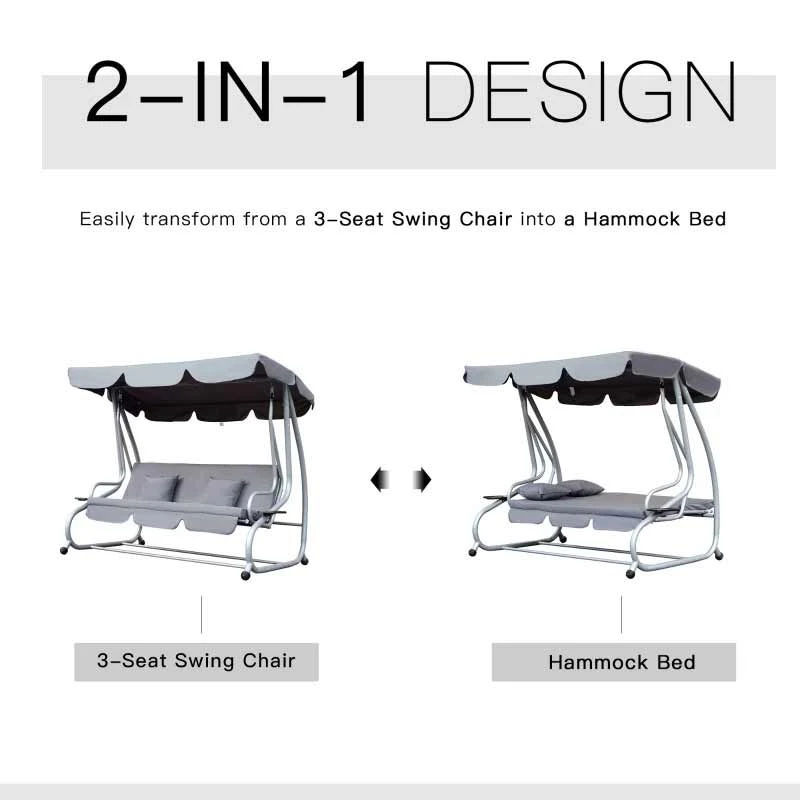 Outsunny 3-Seater Swing Chair With Pillows - Grey - 84A-051GY - Image 6